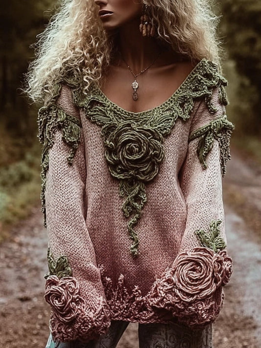 Women's Vintage Rose Embroidery Gradient V-neck Sweater elevenforest