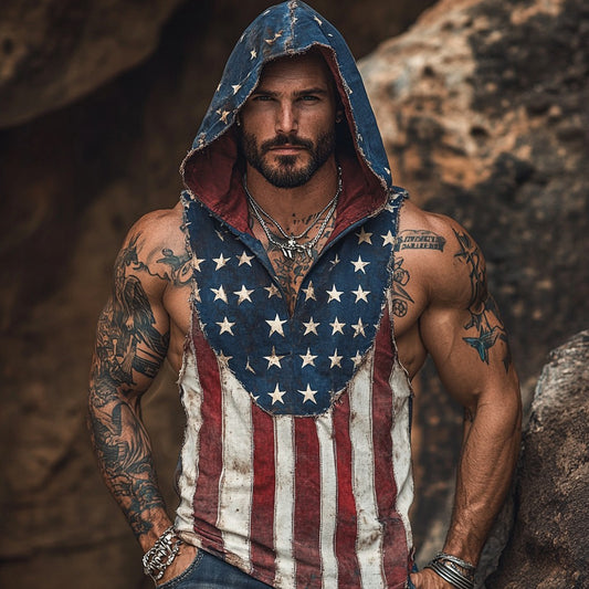 Independence Day Flag Inspired Linen Blend Hooded Tank Top artswardrobe