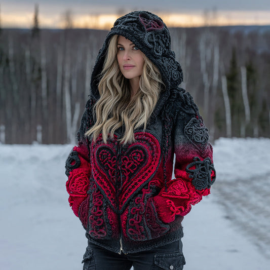 Women's Vintage Heart Art Cozy Knit Zip Up Hooded Sweater artswardrobe