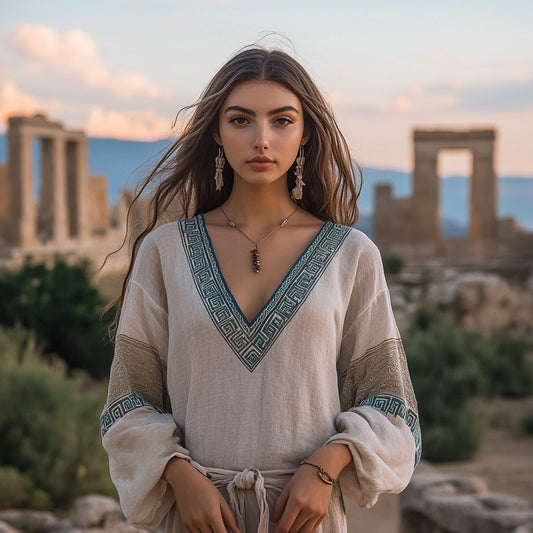 Retro Greek Key Pattern Art Linen Blend T-shirt artswardrobe