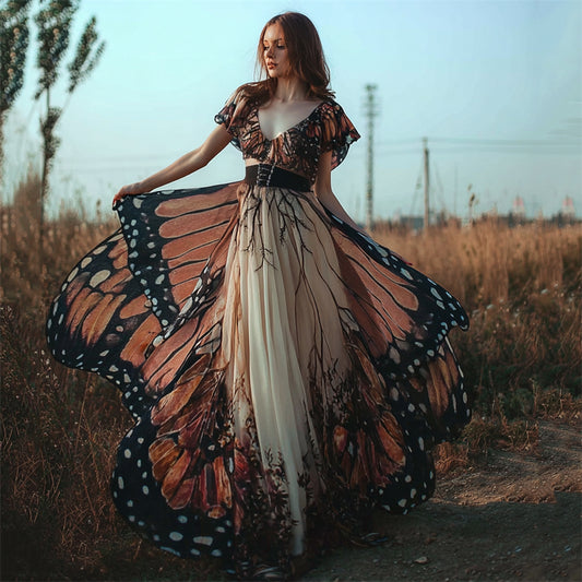 Comstylish Vintage Mystical Butterfly Inspired Dyed Flowy Maxi Dress