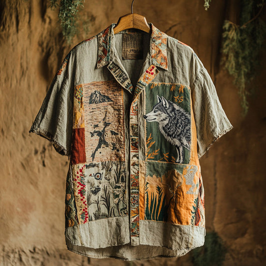 Men's Retro Wolf Patchwork Contrast Color Support Our National Parks Art Linen Casual Shirt artswardrobe