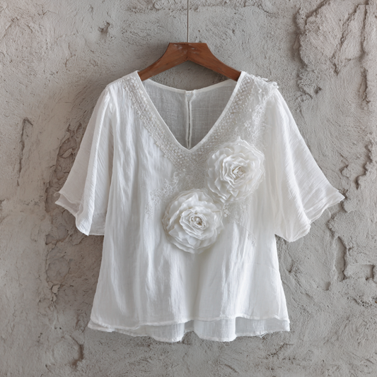 Bohemian Style Woman's V-neck White Rose Short-sleeved Shirt artswardrobe