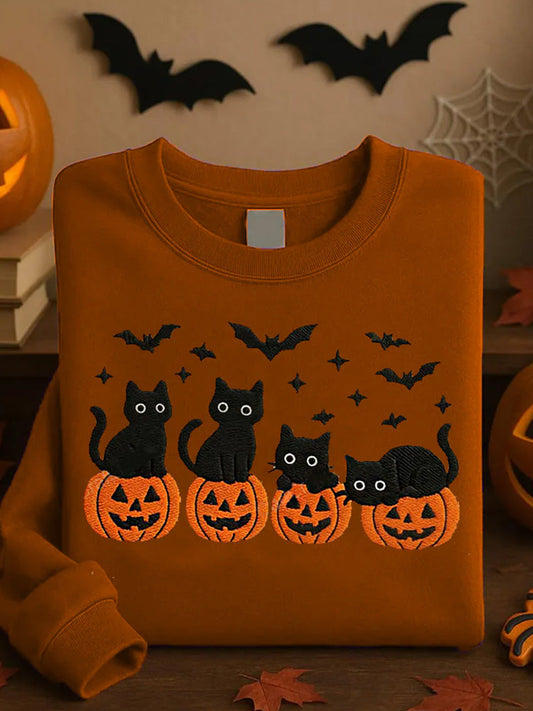 Women's Round Neck Halloween Black Cat Pumpkin Embroidery Loose Long Sleeve Sweatshirt elevenforest