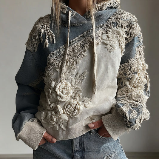Women's Vintage Rose Floral Art Casual Warm Hoodie
