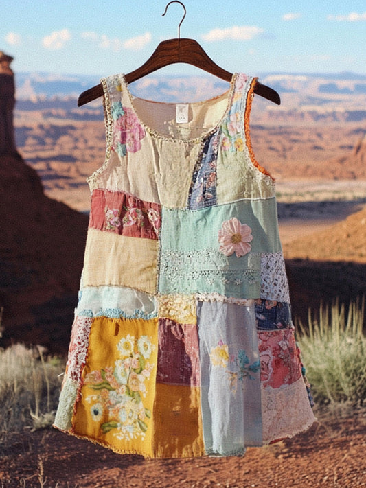 Women's Loose Floral Applique Patchwork Art Pattern Linen Sleeveless Tank Top artswardrobe