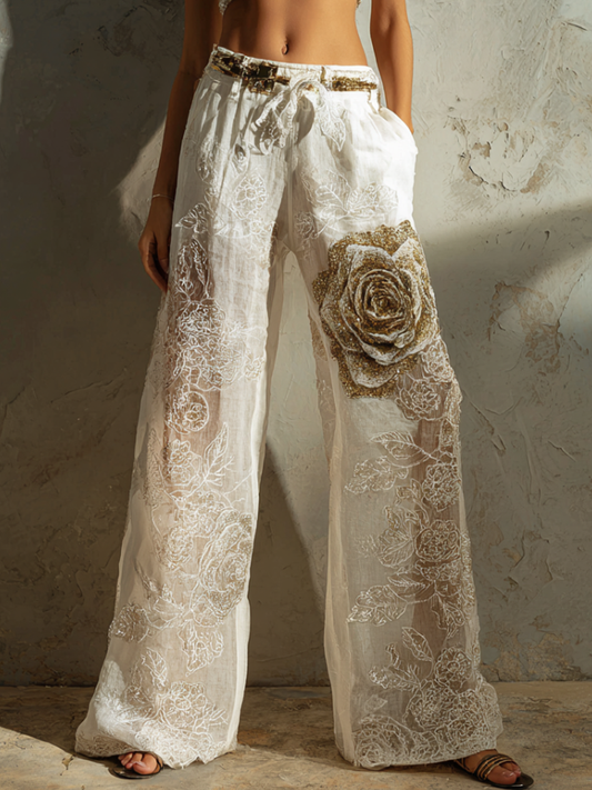 Bohemian Style Three-dimensional Rose Embroidery Pattern Women's Cotton And Linen Loose Wide-leg Long Pants artswardrobe