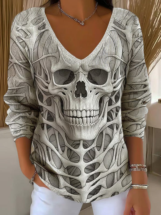 Women's Halloween Skull Print Long Sleeve Top artswardrobe