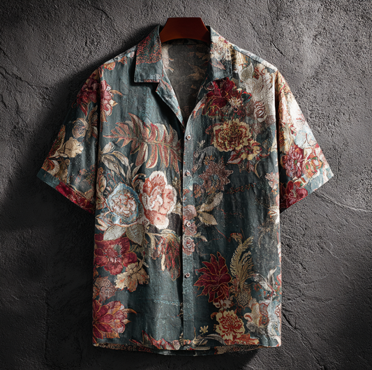 Bohemian Style Plant And Flower Pattern Men's Retro Cotton And Linen Shirt artswardrobe