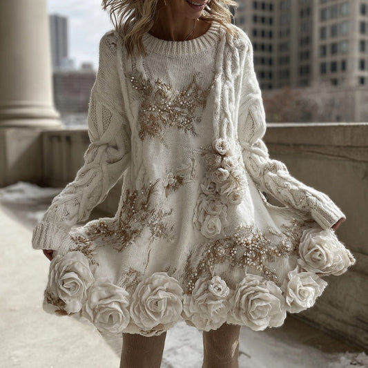 Vintage White Rose Pattern Chunky Knit Sweater Flared Skirt elevenforest