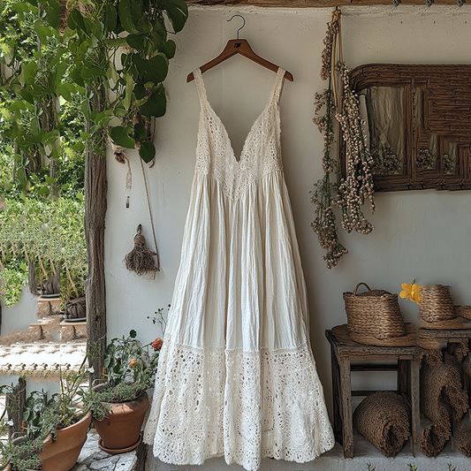 Vintage Lace Art Linen Maxi Suspender Dress artswardrobe