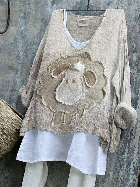 Comstylish Vintage Sheep Frayed Fiber Art Linen Blend Tunic