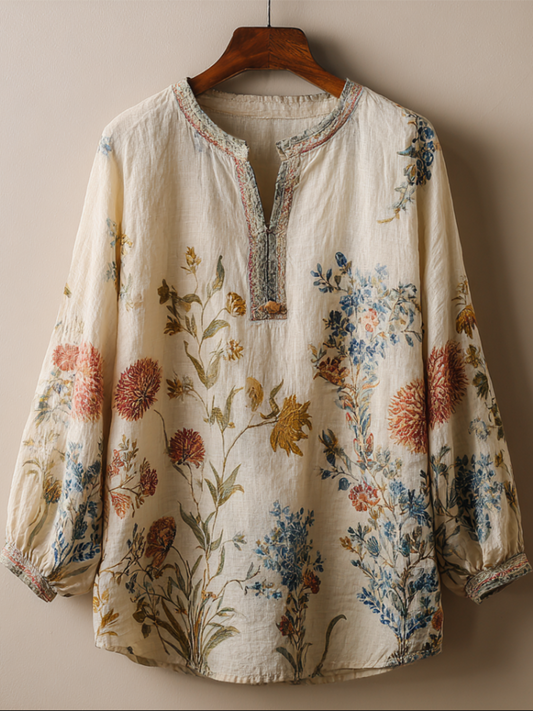 Comstylish Retro Cotton And Linen Plant Flower Bohemian Style Women's V-neck Top