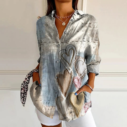 Comstylish Women's Heart Art Linen Blend Casual Shirt