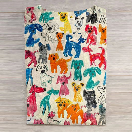 Comstylish Cute Kid Drawing Dog Art Print Casual Short Sleeve T-Shirt