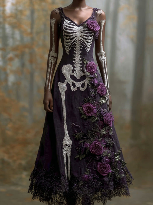 Comstylish Women Halloween Skeleton And Wild Rose Make Old Purple Strap Dress