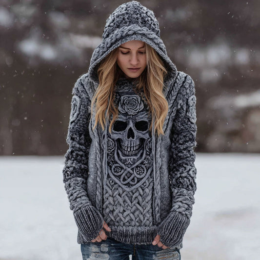 Women' Rose And Skull Inspired Chunky Knit Hooded Sweater elevenforest