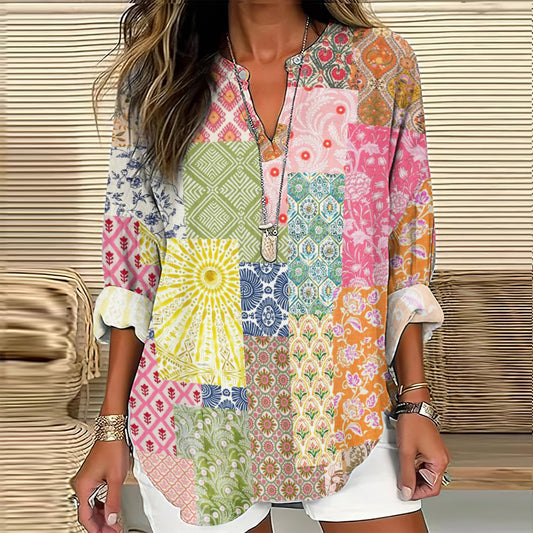 Comstylish Vintage Contrast Floral  Painting Japanese Art Linen Blend Tunic