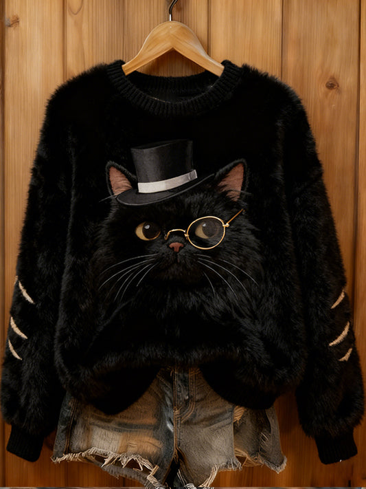 Comstylish Sherlock Holmes Cat Black Flannel Crew Neck Sweatshirt