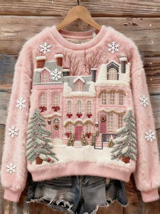 Comstylish Pink Christmas Snowy Street Cozy Plush Sweatshirt