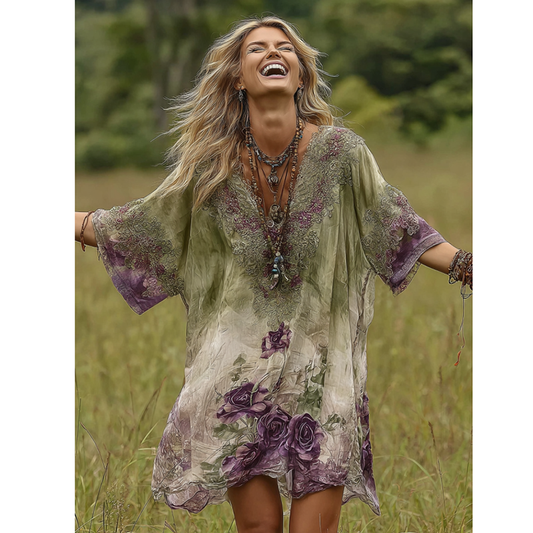 Classy Gradient Purple Lavender And Floral Printed Midi Dress artswardrobe
