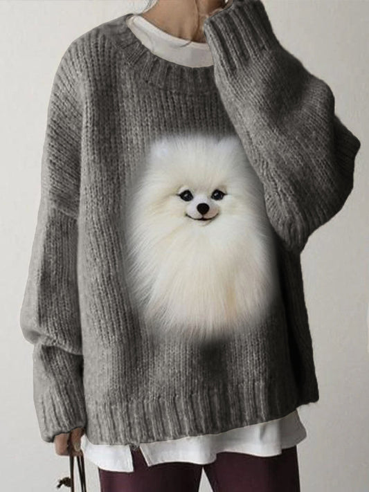 Comstylish White Pom Dog Plush Cozy Knit Sweater