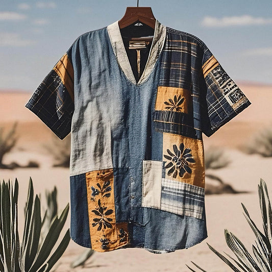 Men's Contrast Colors  Patchwork Sun Linen T-shirt artswardrobe