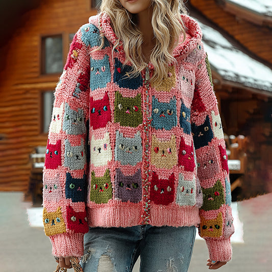 Comstylish Colorful Cats Pattern Art Cozy Knit Cardigan