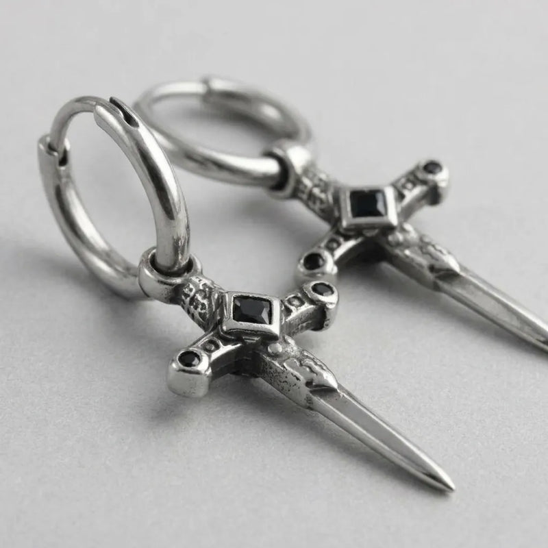 Veilborn Sanctum Dagger Drop Hoop Earrings