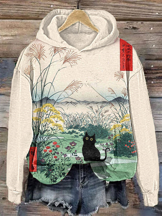 Japanese Art Painting Black Cat Print Casual Cozy Hoodie elevenforest