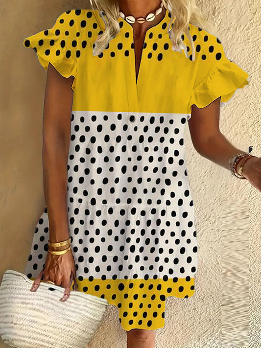 Geometric art ruffles, short sleeves, V-neck, button dress, holiday beach dress