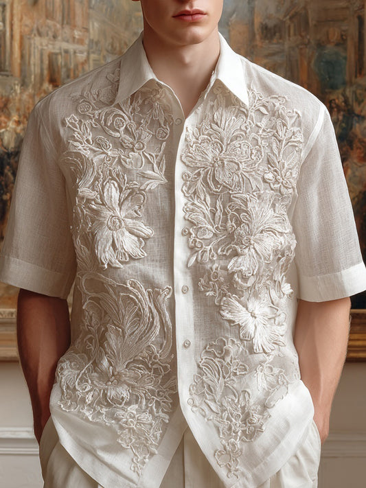 Men's Floral Lace Embroidered Short Sleeve Linen Shirt artswardrobe