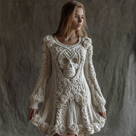 Vintage White Roses Celtic Skull Cozy Knit Sweater Dress artswardrobe