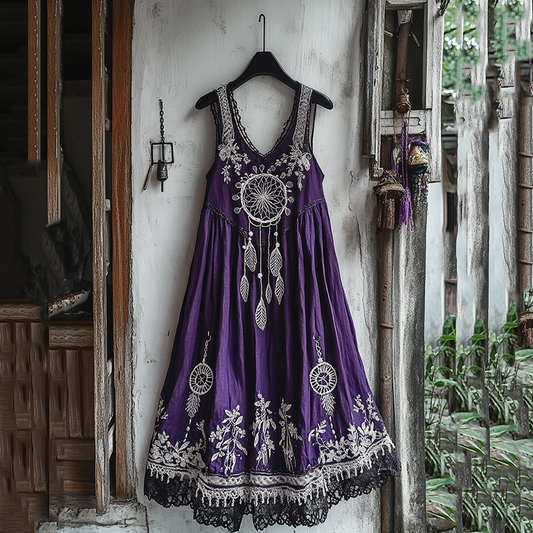 Women's Dreamcatcher Embroidered Flowy Linen Tank Dress artswardrobe
