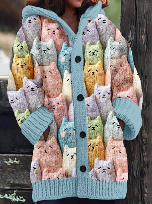 Cute Pastel Fluffy Cats Knitted Cozy Hooded Cardigan elevenforest