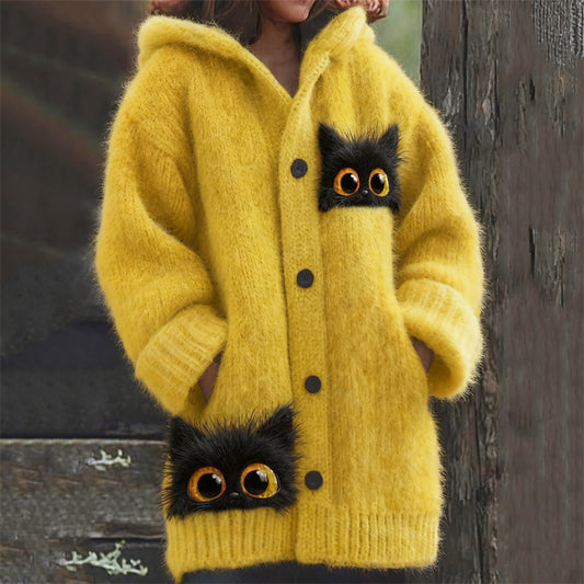 Comstylish Lovely Peeking Black Cats Cozy Knit Hooded Cardigan