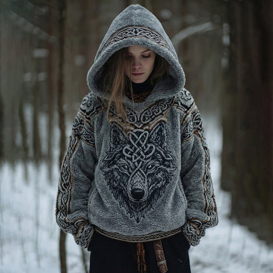 Comstylish Women's Retro Viking Wolf Art Casual Flannel Hoodie