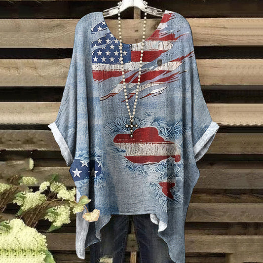 Comstylish Vintage Independence Day American Flag Art Irregular Shirt