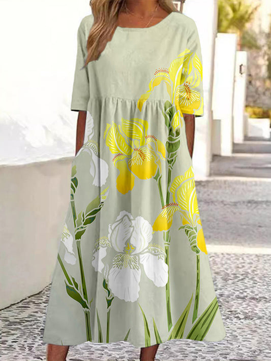 Yellow And White Iris Flower Art Linen Blend Maxi Dress artswardrobe