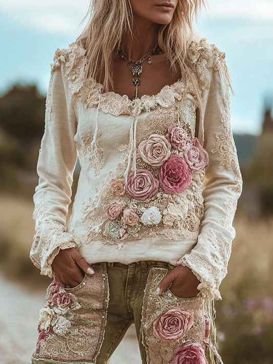 Women's Pink Floral Vintage Casual Long-sleeved Round-neck Top artswardrobe