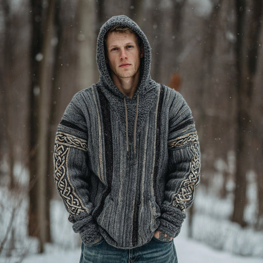Men's Retro Colorful Striped Celtic Art Knit Hooded Sweater artswardrobe