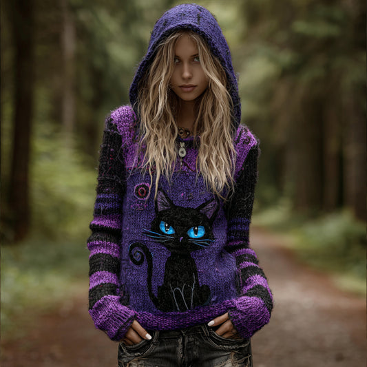 Comstylish Women's Halloween Little Black Cat Pattern Dirty Color Vintage Hooded Sweater