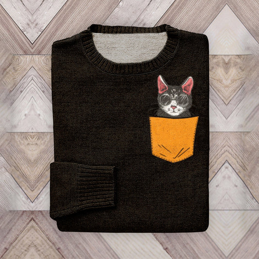 Abstract Creative Cool Cat With Sunglasses In Your Pocket Art Crew Neck Cozy Sweater elevenforest