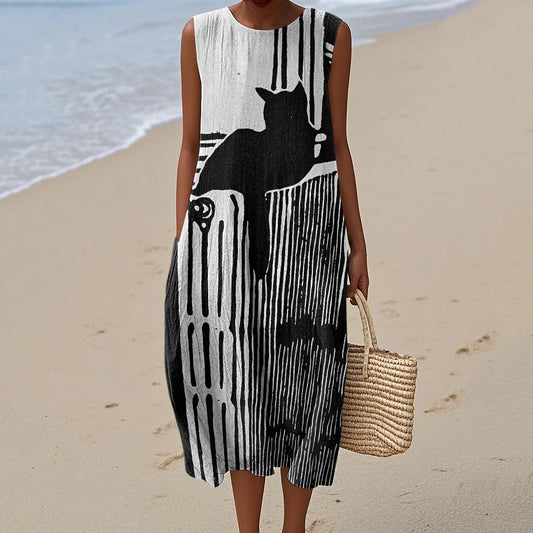 Women's Retro Geometric Black Cat Art Pattern Cotton And Linen Dress elevenforest