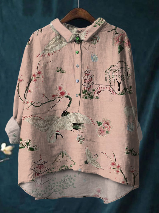 Ethnic Style Crane Flower Print Cotton And Linen Shirt