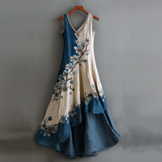 Comstylish Women's Vintage Cherry Blossom Colorblock Linen Sleeveless Dress