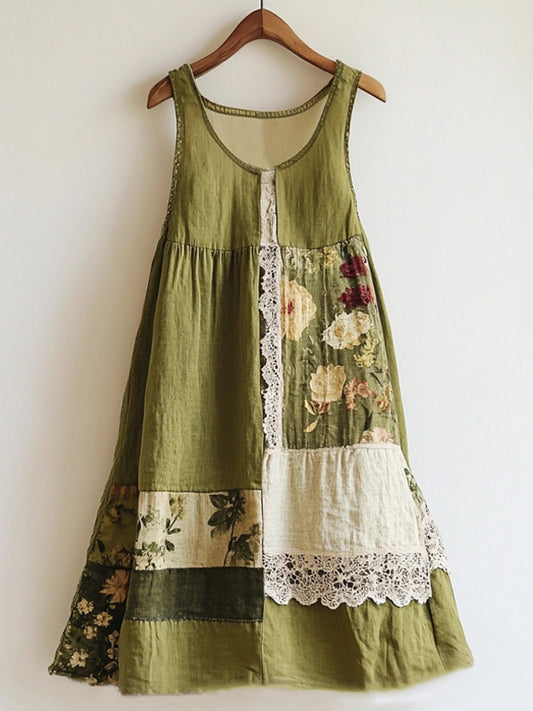 Boho Floral Pattern Lace Patchwork Linen Blend Green Dress artswardrobe