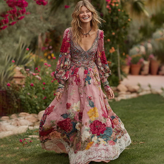 Comstylish Women's Vintage Floral Print V-neck Long Sleeve Maxi Dress