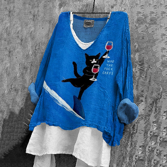 Comstylish Women's Vintage Black Cat And Ocean Art Print Cotton And Linen Shirt