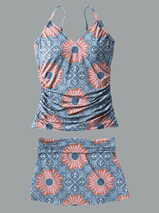 Vintage Flower V-Neck Vintage Flowers Print Suspender Skirt Tankini Pantskirt Set Swimsuit